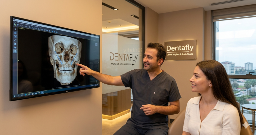 Patient consulting with dental surgeon before zygoma implant surgery